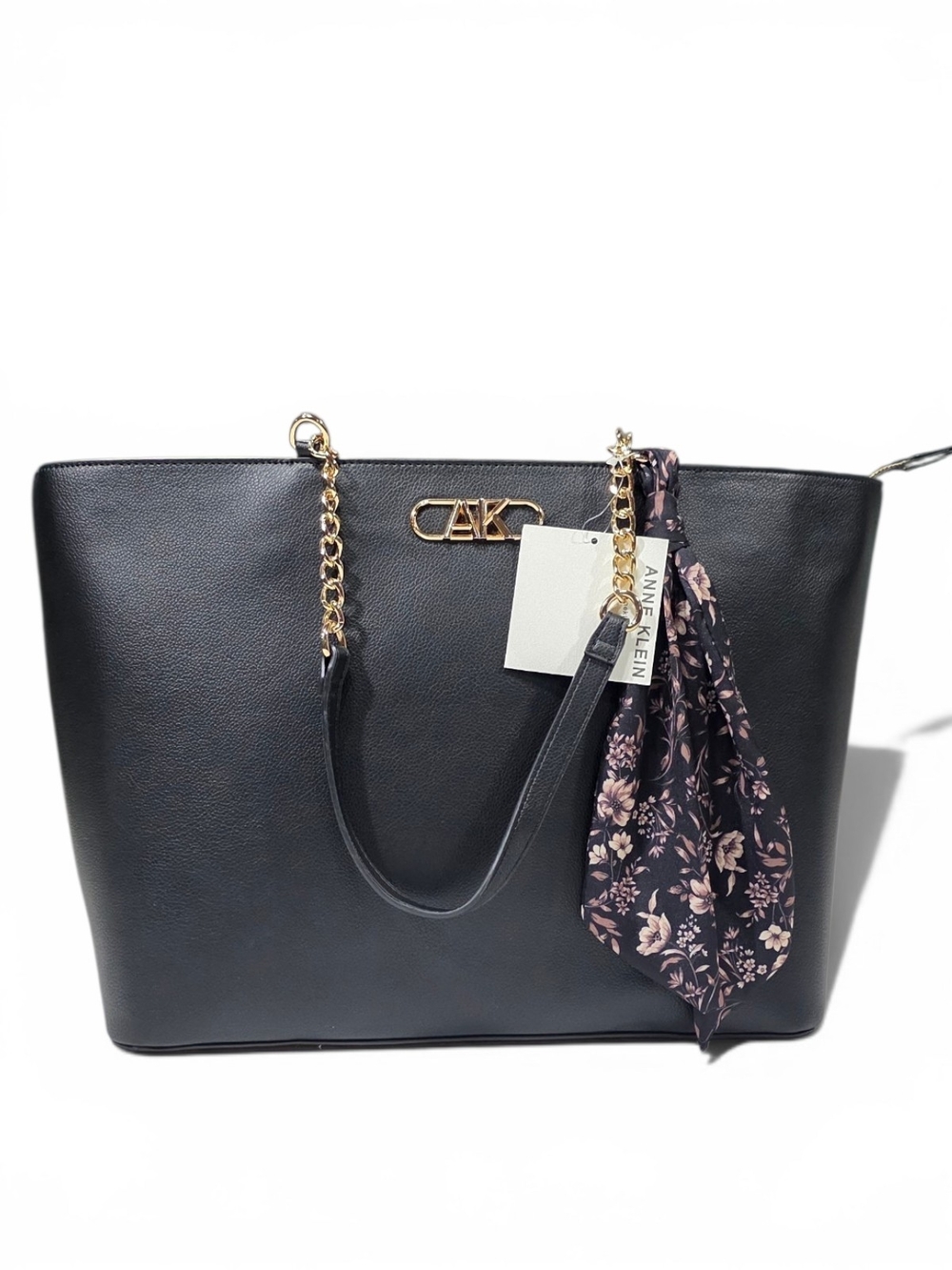 Anne Klein Black Tote with Floral Scarf and Gold Hardware